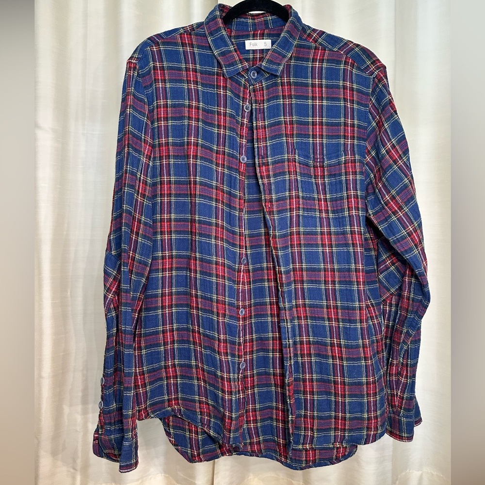 Folk Blue and Red Casual Button Down Shirt with Classic Plaid Design